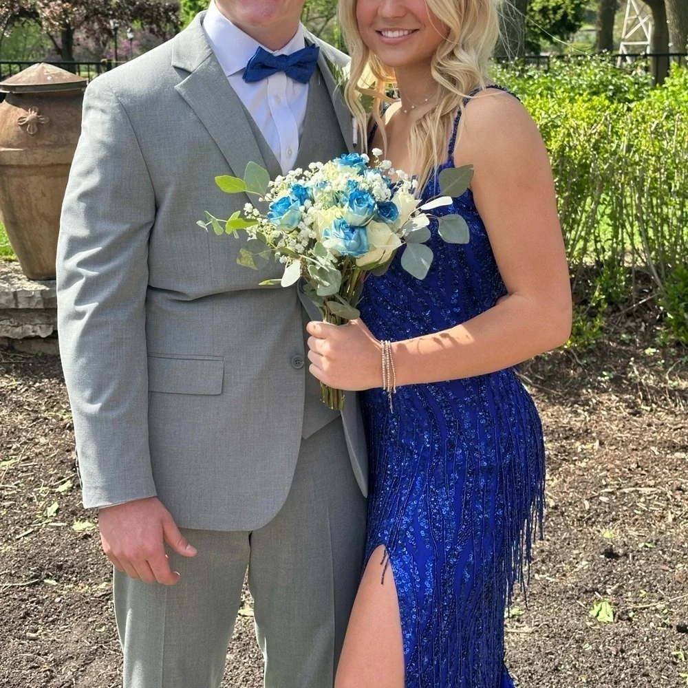 Amarra Cobalt Blue Beaded Dangles Spaghetti Strap Gown Women’s Size 2 Prom Dress - Picture 4 of 15